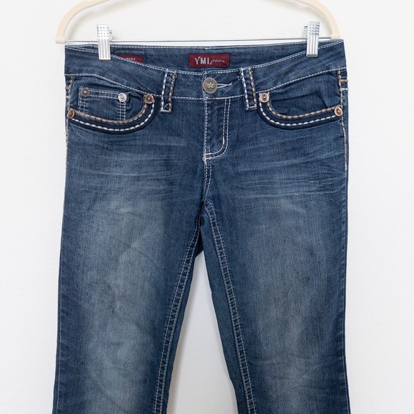 Y2K YMI Womens Jeans Size 7 Bootcut Dark Wash Denim White Stitch Flare Pockets‎ - Picture 3 of 11